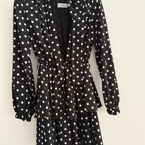 Lioness Black and White Polka Dot Long Sleeve Wrap Dress